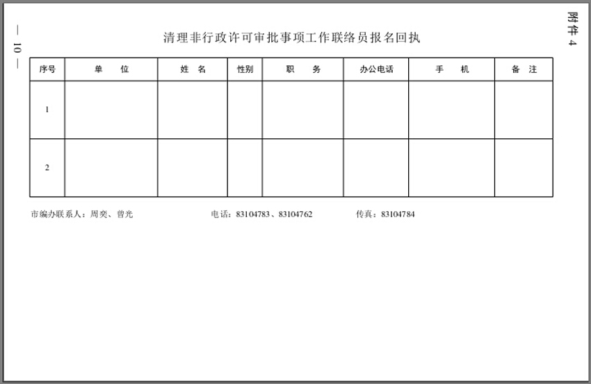 清理非行政許可審批事項工作聯絡員報名回執