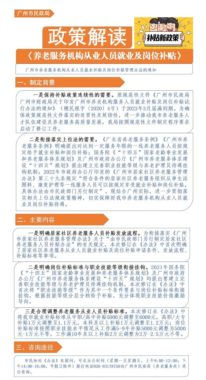 【一圖讀懂】《廣州市民政局 廣州市財政局關于印發廣州市養老服務機構從業人員就業補貼及崗位補貼管理辦法的通知》政策解讀.jpg