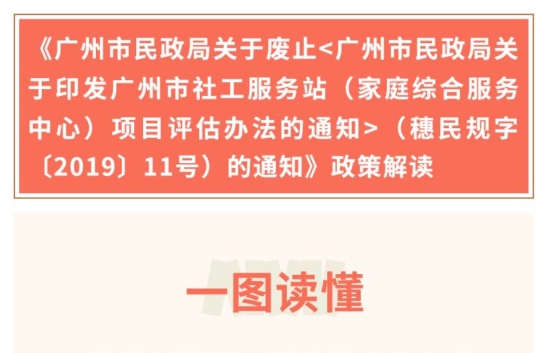 【一圖讀懂】《廣州市民政局關于廢止<廣州市民政局關于印發廣州市社工服務站（家庭綜合服務中心）項目評估辦法的通知>（穗民規字〔2019〕11號）的通知》