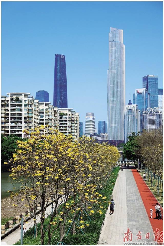 廣州聚焦保藍(lán)天、護(hù)碧水、守凈土。磨碟沙公園內(nèi)，市民散步運(yùn)動(dòng)享受陽光。